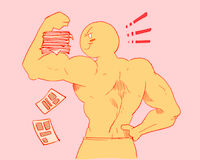 Figure with big biceps holding a stack of comic pages on a flexed arm.