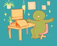A green guy sits at a desk with a drawing tablet and monitor and gestures to his surroundings. There are hanging plants, pictures, and sparkles all around indicating this is the best workspace ever.